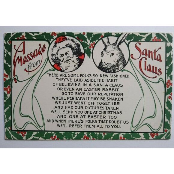 Christmas Postcard Prince Message From Santa Claus & Easter Bunny 1909 Peabody - Picture 2 of 5
